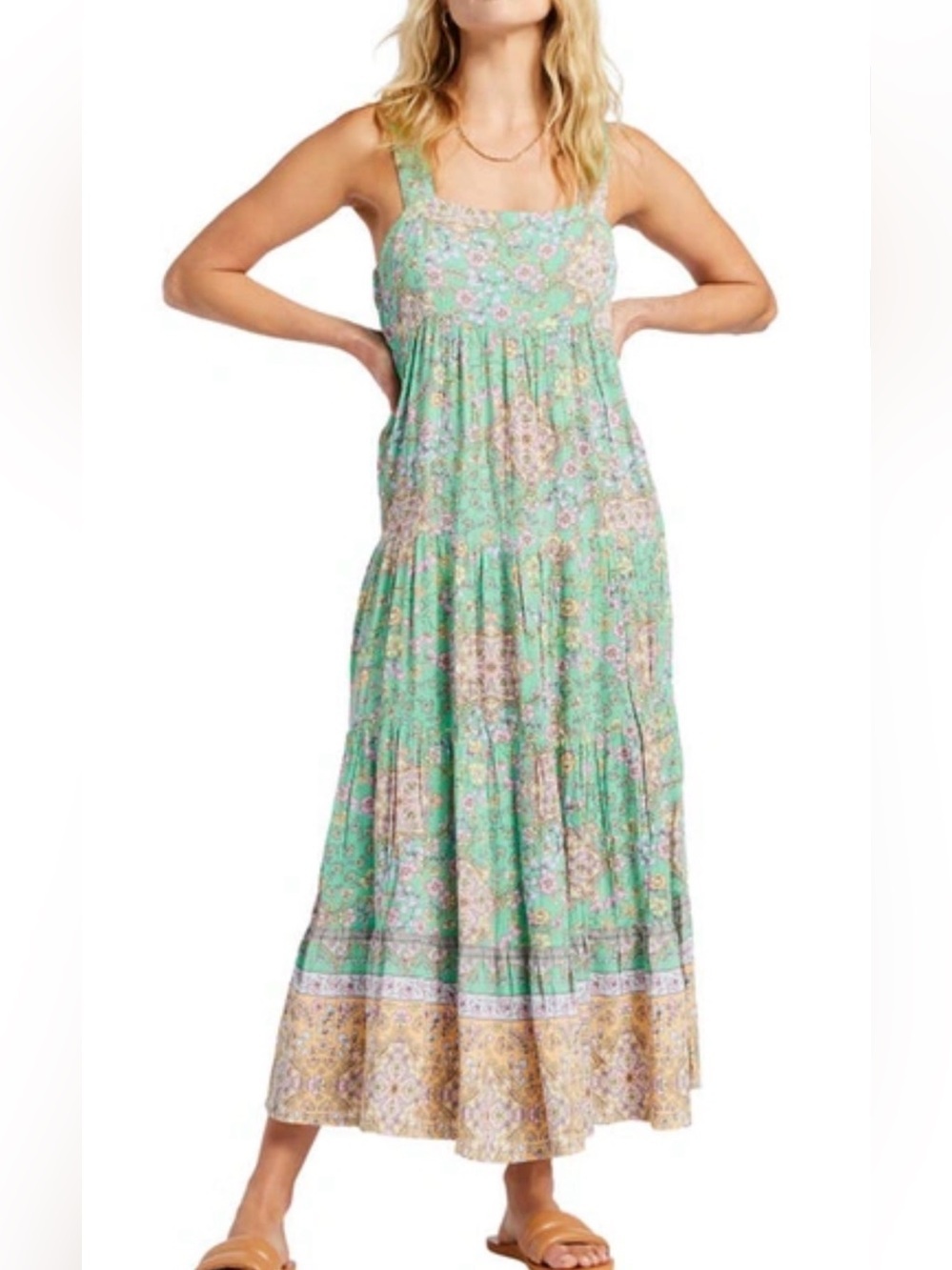 Billabong La Mer Green Boho Floral Tiered Sleeveless Midi Dress NWT Size Large